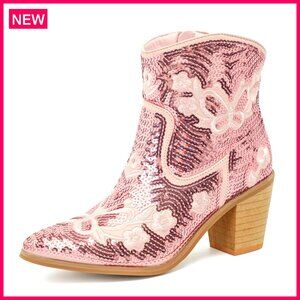 Women's Western Cowboy Ankle Boots with Zipper Pointed Toe Block Heel